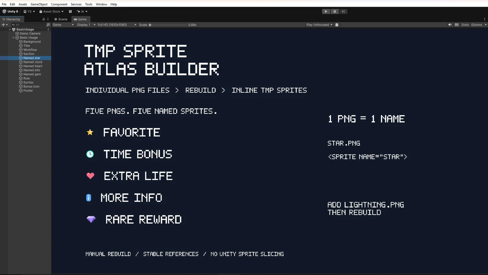 Basic Usage: named inline sprites rendered in TextMeshPro.