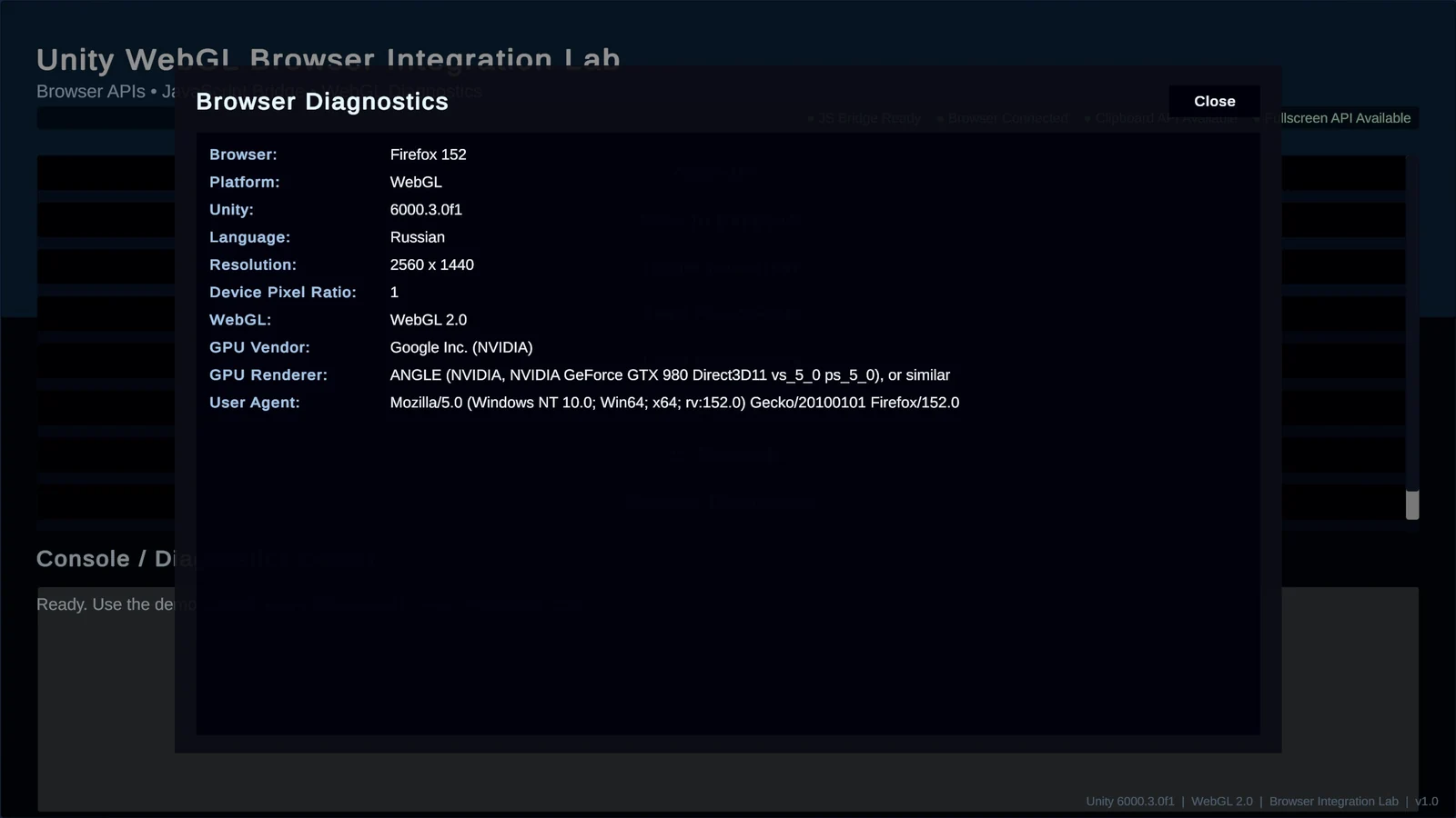 Browser Diagnostics: environment and WebGL/GPU information from a captured session.