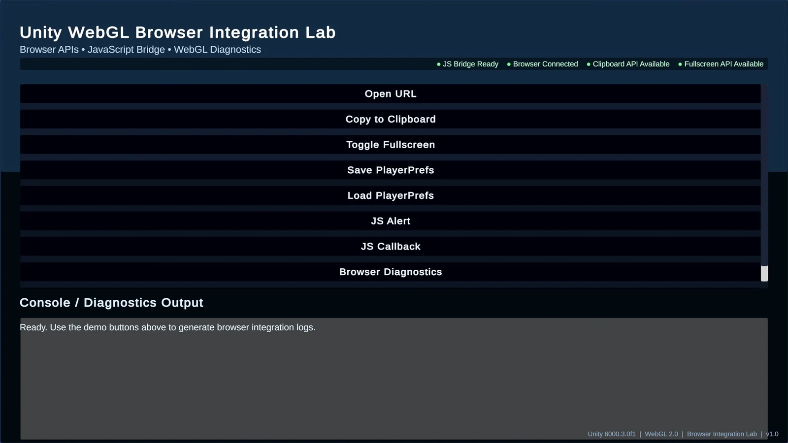 Actual lab UI: API demos, availability indicators and runtime console.
