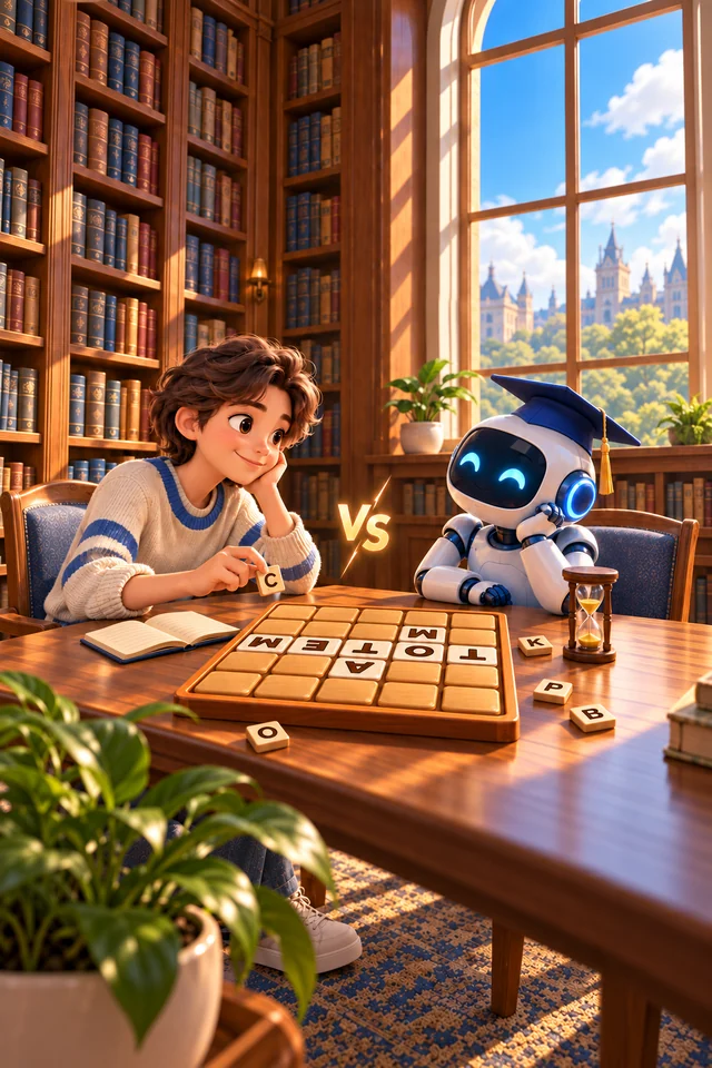 WordBattle promotional illustration of a player and a robot facing each other at a word board